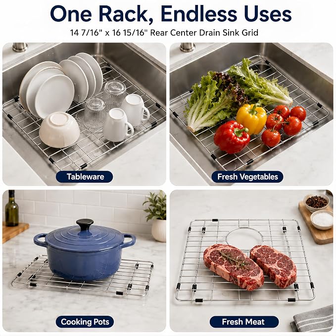 LQS Stainless Steel Sink Protectors, Kitchen Sinks Grid with Center Drain Hole for Single Bowl, Sink Protector, Kitchen Sinks Grate, Sink Bottom Grid (14 7/16" x 16 15/16")