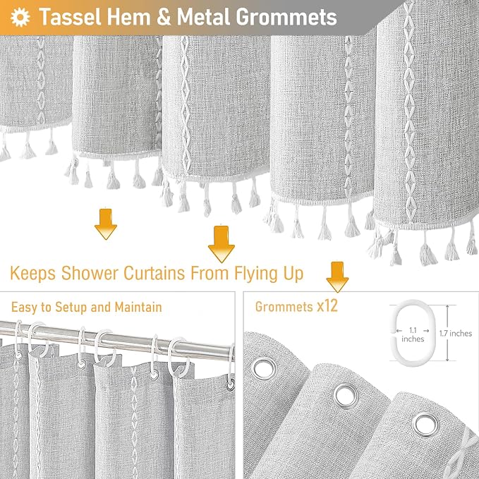 72x96 Extra Long Boho Linen Heavy Duty Shower Curtain Set, Grey/Gray | Extra Tall Size, 330GSM Linen Blend, Water Repellent, Vintage Striped Fabric, 12 Hooks, Rustic Country, Machine Washable