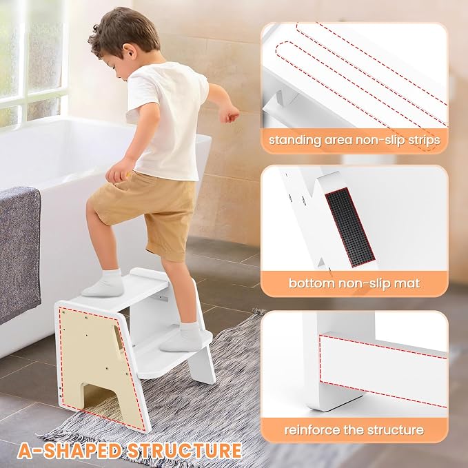 Toddler Step Stool, Wooden Height-Adjustable 2-Step Stool for Kids, Potty Training Stool with Handles for Bathroom Sink, Kitchen, Bedroom-White