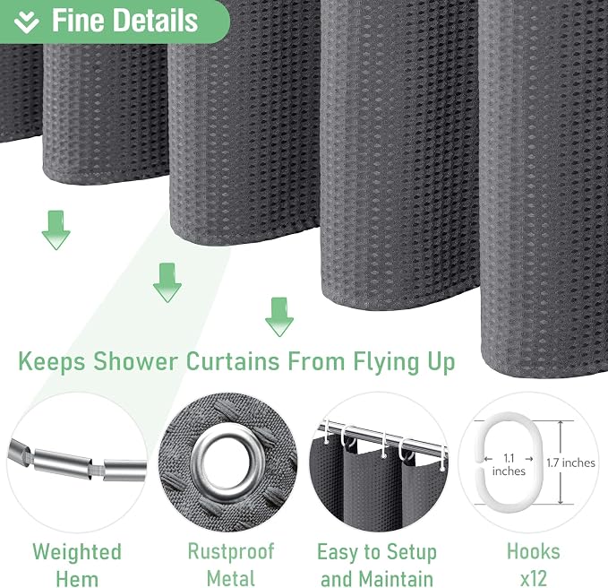 Extra Long Waffle Shower Curtain 256GSM Fabric 72x84 Charcoal Grey | 84 Inch Long, Thick Polyester Cloth, Weighted Hem, Water Repellent, Washable, Tall Hotel Bathroom Shower Curtain Set 12 Hooks