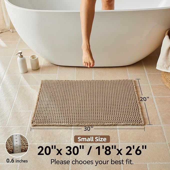 Triohero Waffle Bath Mat, Boho Bathroom Rugs Non Slip Washable, Ultra Soft Super Absorbent Quick Dry Farmhouse Bathroom Decor, 20" x 30", Khaki