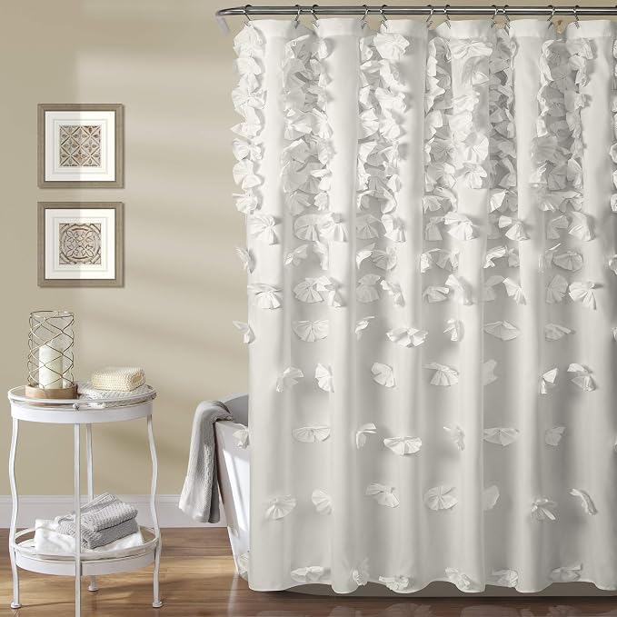 Lush Decor Riley Shower Curtain, 72" W x 72" L, White - Bathroom Curtain - Coquette Decor - Bow Shower Curtains - Cottage Core - Fabric Shower Curtains