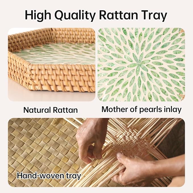 Hexagon Rattan Tray with Mother of Pearl Inlay, Rattan Serving Tray for Coffee, Bread, Fruits, Snacks, Decorative Wicker Tray for Table Decor, Home Decor (Green Leaves, 14.5"×12.8")