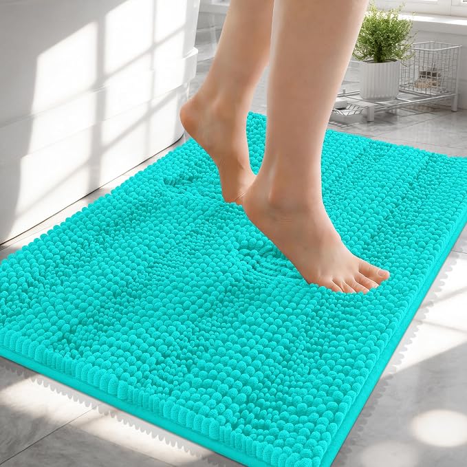 OLANLY Thick Small Bathroom Rugs 24x16, Soft Chenille Bath Rugs, Teal | Rubber Backing, Machine Wash, Extra Absorbent Striped Bath Mats for Bathroom Floor, Tub and Shower, Home Decor Accessories