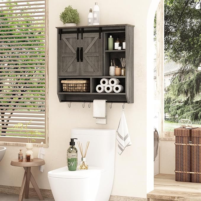RUSTOWN Farmhouse Bathroom Wall Storage Cabinet with Sliding Barn Doors | 3-Tier, Rustic Wood Wall Mounted Cabinets, Vintage Medicine Cabinet, Adjustable Shelves, Over The Toilet Storage Cabinet