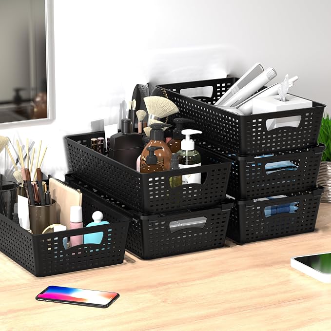 Simple Houseware Stackable Plastic Woven Basket Organizer, 6 Pack, Black | 14.5" D x 8.5" W x 3.5" H
