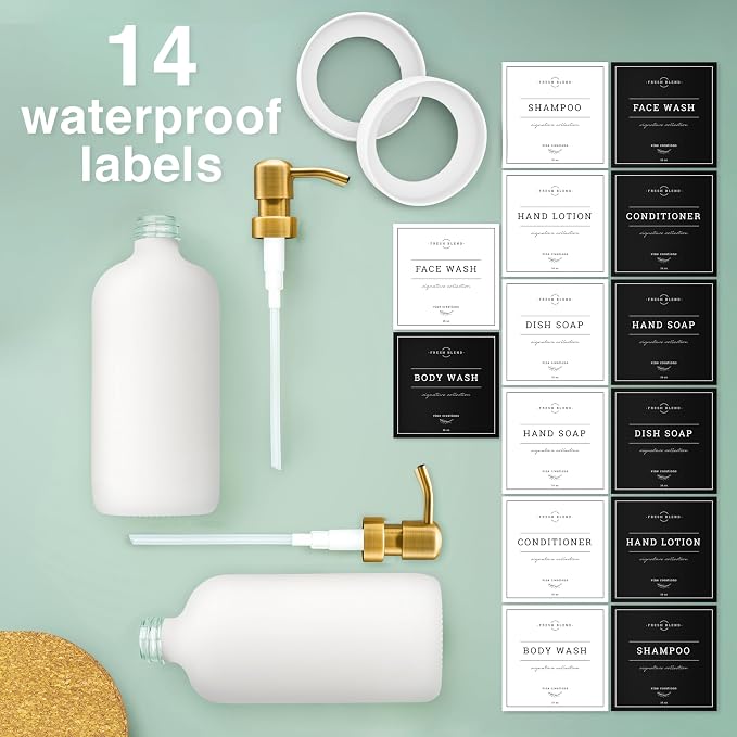 Vine Creations Glass Soap Dispenser, 2 Pack Kitchen Soap Dispenser Set with Stainless Steel Pump, 16 oz Dish Soap and Hand Soap Dispensers for Bathroom with Waterproof Labels (White)