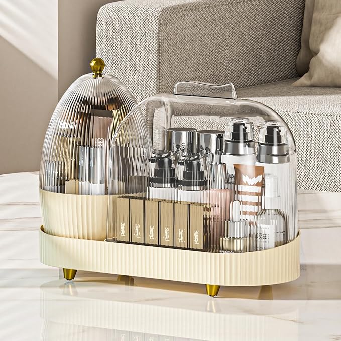 Rotating Makeup Organizer for Vanity with Brush Holder, Cosmetic Makeup Storage,Lotions Display Cases,Large Spinning Makeup Skincare Organizer(15x11'')