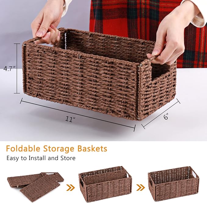 Wicker Storage Basket, Set of 2 Hand-Woven Paper Rope Wicker Basket, Small Storage Baskets for Organizing Toilet Paper Basket, Foldable Large Cube Storage Organizer Bins for Shelves (Brown)