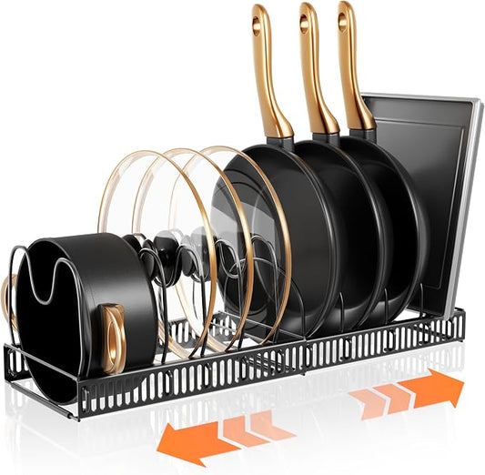 Pots and Pans Organizer Rack for Under Cabinet Expandable Pot Lid holders inside Organizer 10 Adjustable Divider Pan organizer 11.81''-22.85'' Pan lid organizer for cabinet Organizer for Bakeware
