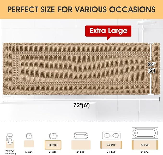 Extra Large Waffle Bath Mat, Boho Bathroom Rugs Absorbent Non Slip, Soft Bathroom Mats, Machine Washable Knit Bath Rugs with Tassels for Bathroom, Bedroom, Kitchen, Shower, Tub, Beige, 6'x2'
