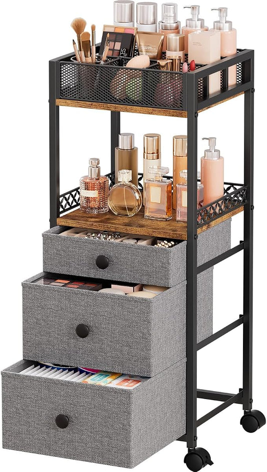 Plaviya Makeup Organizer Cart with 3 Drawers Storage for Bedroom & Bathroom | Utility Rolling Cart, Vanity Desk Organizer, Perfume, Cologne, Skin Care, Nail Polish, Black