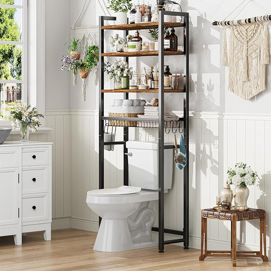 Ekisemio Over The Toilet Storage Rack, 4 Tier Over Toilet Shelf with Adjustable Feet, Freestanding Bathroom Organizer with Wooden Shelves, Hooks, Paper Holder, Vintage Brown