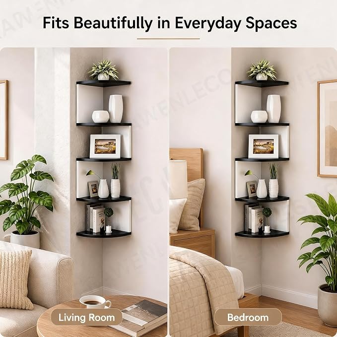 No-Drill Corner Shelf Wall Mount, 5-Tier Floating Corner Bookshelf with Hooks, Space-Saving Zigzag Plant Shelf for Bedroom, Living Room, Bathroom, Home Office(Black & White)