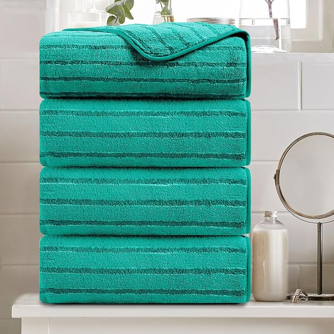 4 Pcs Teal Cabana Stripe Large Bath Sheets Soft Polyester Bathroom Towels | Fluffy oversized towel with hang loops absorbent quilck dry easy replacement family dorm sets for home beach pool gym yoga
