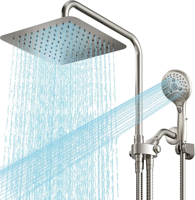 VXV 10 Inch Big Square Rain/Rainfall Shower Head with Adjustable Height, High Pressure 7 Modes Shower Head with Handheld Spray, Brushed Nickel Dual Shower Head Combo with 71" Hose, 360° Rotation (BN)