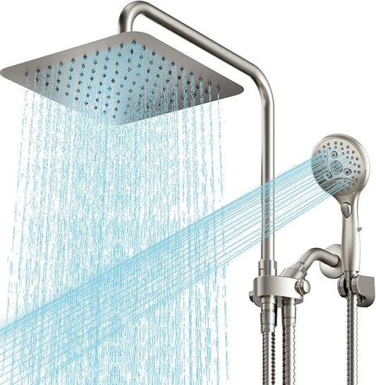 VXV 10 Inch Big Square Rain/Rainfall Shower Head with Adjustable Height, High Pressure 7 Modes Shower Head with Handheld Spray, Brushed Nickel Dual Shower Head Combo with 71" Hose, 360° Rotation (BN)