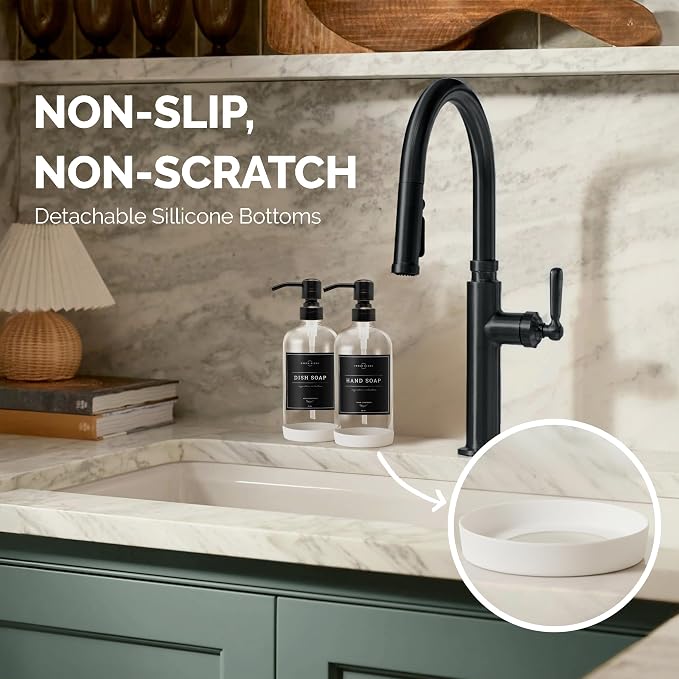 Vine Creations Clear Glass Soap Dispenser, 2 Pack Kitchen Soap Dispenser Set with Stainless Steel Pump, 16 oz Dish Soap and Hand Soap Dispensers for Bathroom with Waterproof Labels