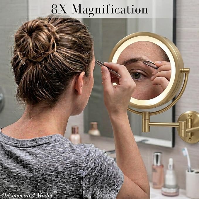 JERDON Hardwired Wall-Mount Makeup Mirror - 8X/1X - Gold - HL88BGLD | 8.5" Round Frame, 13.5" Wall Arm, LED Lighting, Direct Wire Installation