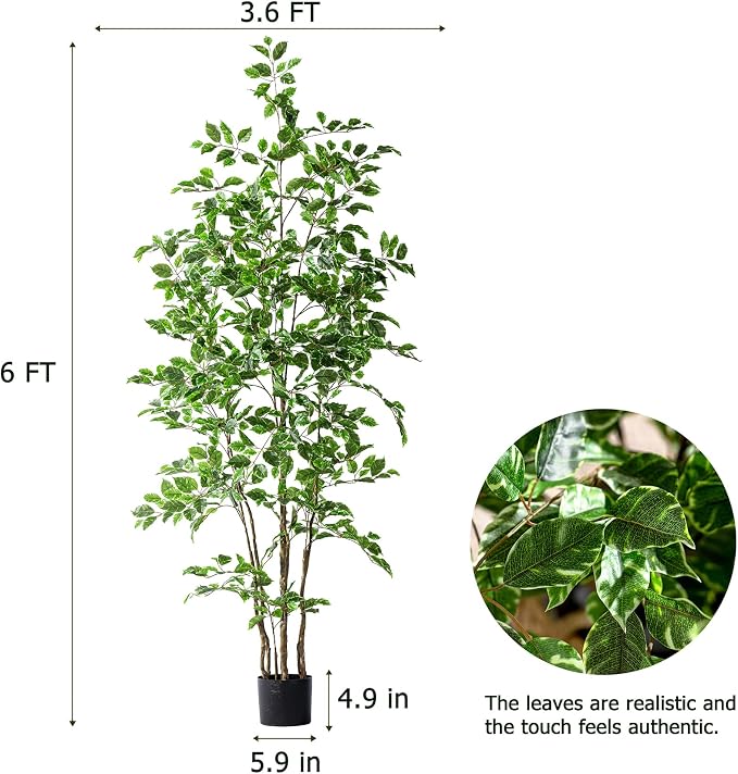 Bailikang Artificial Ficus Tree Indoor 6ft, Large Potted Faux Tree with Realistic Silk Leaves & Trunk for Home Office, Living Room Corner Decor