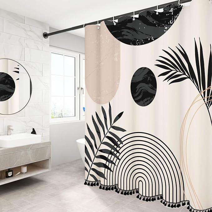 Boho Mid Century Leaf Shower Curtain Set,Arch Sun Design,Minimalistic Leaves Pattern,Waterproof and Luxurious Fabric-12 Hooks(Black and White-72" x 72")
