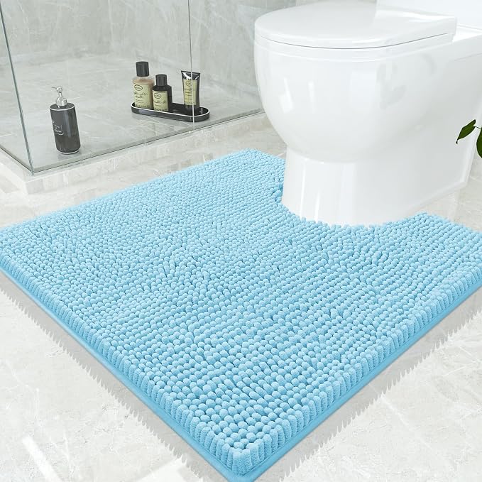Smiry Toilet Rugs U-Shaped 24x24, Extra Soft Absorbent Contoured Bath Mat | Sky Blue, Machine Washable Non Slip Luxury Chenille Contour Bath Rugs for Toilet