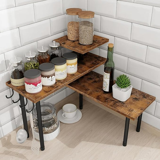 Kitchen Countertop Organizer - 3 Tier Corner Shelf, Bathroom Counter Organizer, Spice Rack, Coffee Bar, Over Sink, Rustic Brown