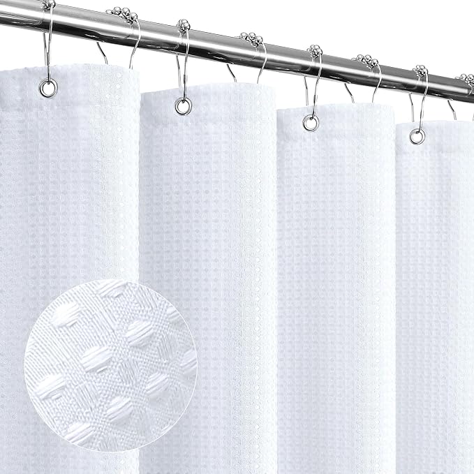 Small Stall White Fabric Shower Curtain, 36 x 72 | Narrow Half Cloth-Textured Shower Curtain for Bathroom, Water Repellent, Machine Washable