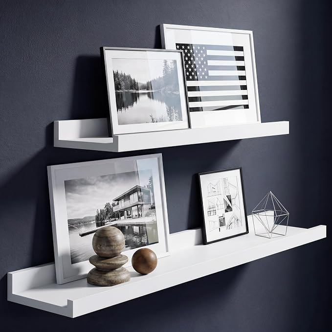White Picture Ledge Shelves for Wall, 4.5" Deep Wood Floating Shelves with Lip for Bedroom, Living Room, 13.7" Width, Color White Set of 2