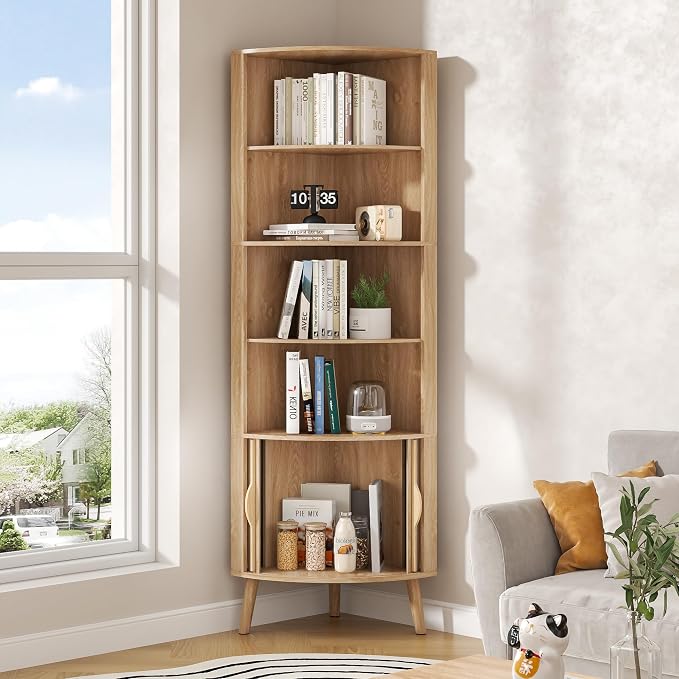 66'' Tall Corner Bookshelf with 2 Fluted Sliding Doors, Oak | 5-Tier Corner Shelf, 5 Shelf Bookcase,Mid-Century Modern,Freestanding Display Storage Organizer for Living Room,Office