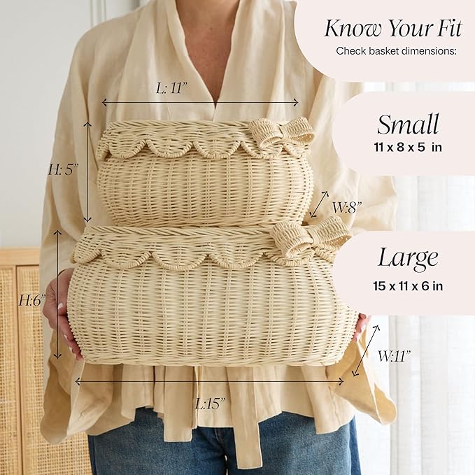 BEBE BASK Original Scalloped Bow Basket with Lid - Set of 2 (15x11x6 In) | Award Winner, Handwoven Rattan, Scalloped Wicker Basket, Woven Baskets for Storage, Nursery Storage, Scallop Basket (Bow)