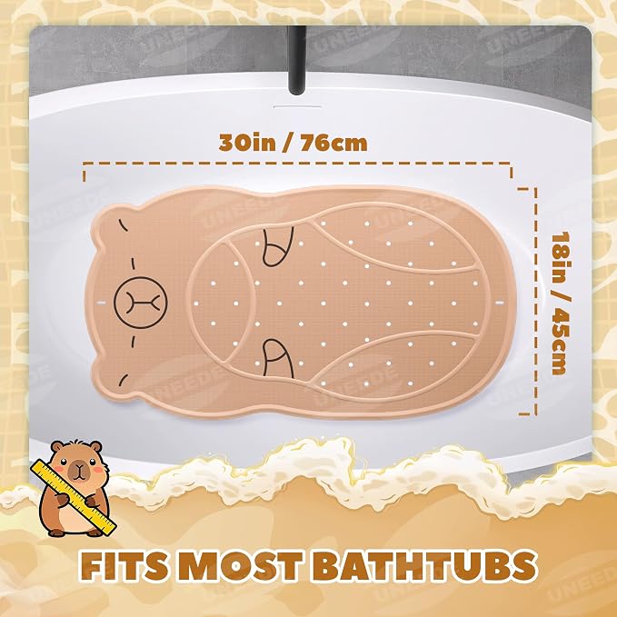 UNEEDE Kids Bathtub Mat Non Slip, Soft Rubber Shower Mat for Toddler | Machine Washable Bath Mat with 100+ suction cups and 50+ Drainage Holes, 30"x18" Cute Capybara Design, Baby Bath Essentials