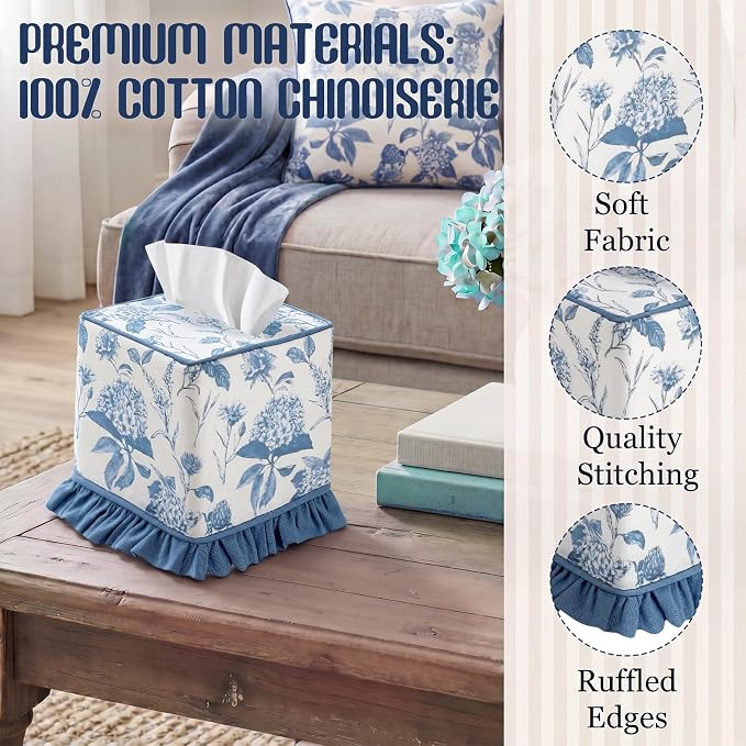 Blue Fabric Ruffle Tissue Box Cover Floral Print Cotton Tissue Box Decorative Square Napkin Holder Vintage Cottagecore Home Decor for Bathroom Bedroom Vanity Countertop Home Office Kitchen