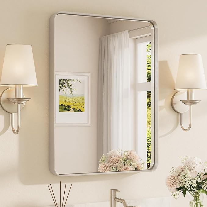 Brushed Nickel Mirror 24 x 32 Inch for Bathroom Over Sink Metal Framed Mirror Modern Farmhouse for Living Room Entryway(Horizontal/Vertical)