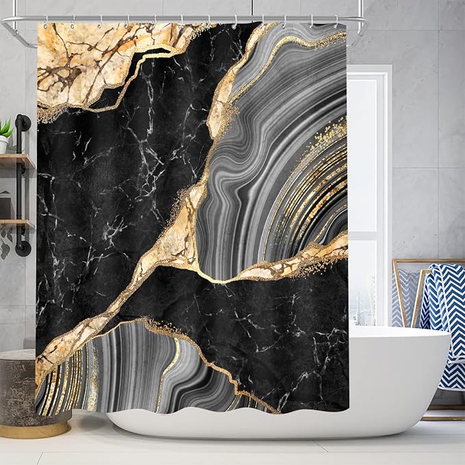 Nkzply 4Pcs Black Shower Curtain Bathroom Sets with Shower Curtain and Rugs | Gold Marble Modern Abstract Shower Curtain Set Grey Bathroom Rug Set Bathroom Decor Accessories with Hooks Toilet Lid Cover