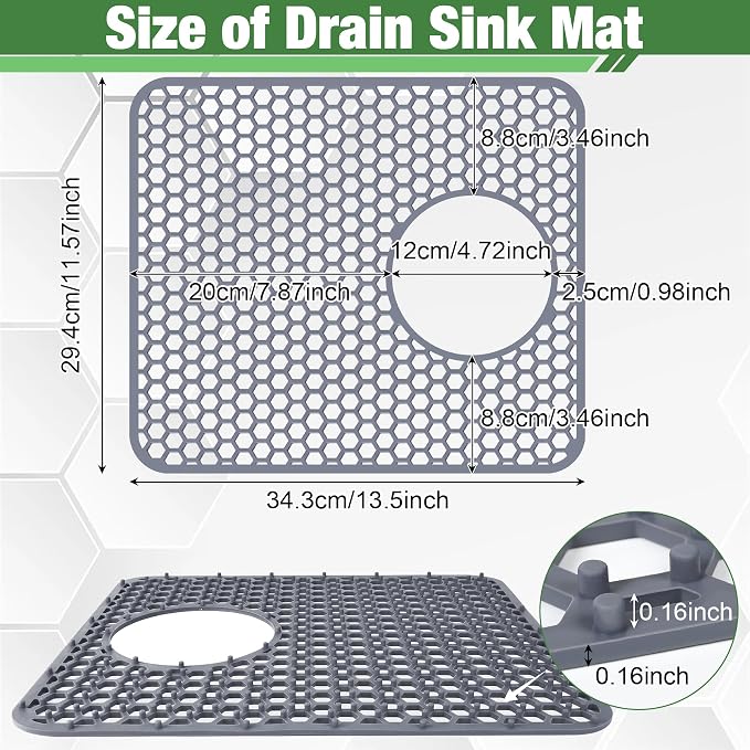 Sink Protectors Mat - 13.5"x11.57" Kitchen Sink Pad for Bottom of Basin for Protection of Stainless Steel and Tableware, Farmhouse Rubber Basin Mat Protector with Side Drain - Light Gray