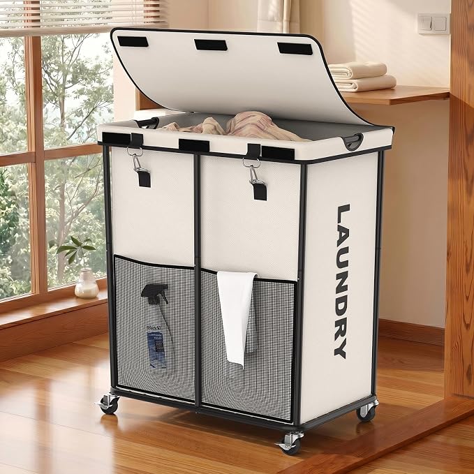 Laundry Hamper with Wheels and Lid, 225L Large Rolling Laundry Basket White | Heavy Duty Clothes Organizer, Sturdy Metal Frame, Lockable Swivel Casters, Removable Bag, For Bedroom, Bathroom, Laundry Room