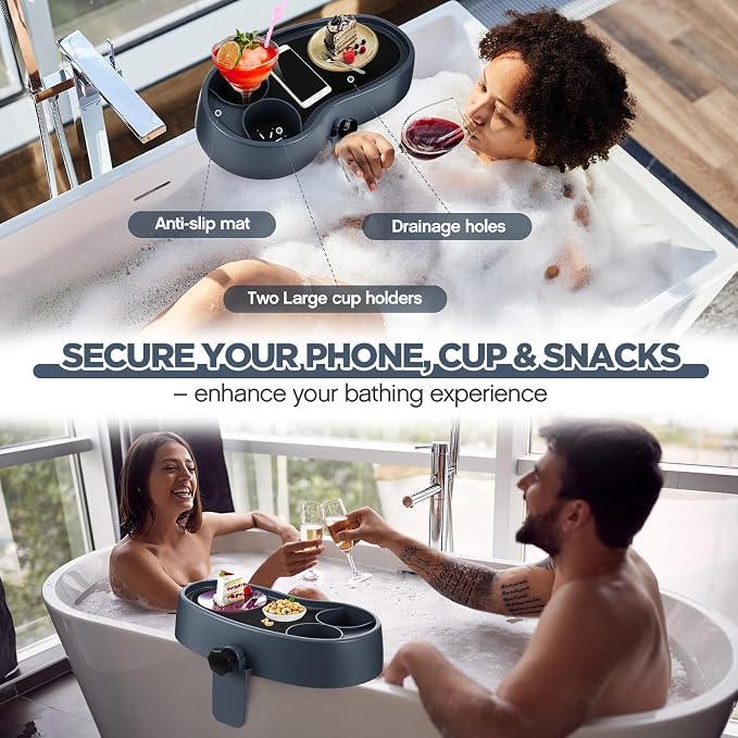 3 Pcs Hot Tub Table Tray, Adjustable Aboveground Bathtub Tray with 2 Cup Holder, Between 2'' to 7.5'' Nonslip Hot Tub Accessories Shelf Drinks Snacks Phone Holder for Spa Bathtub (Navy Blue)