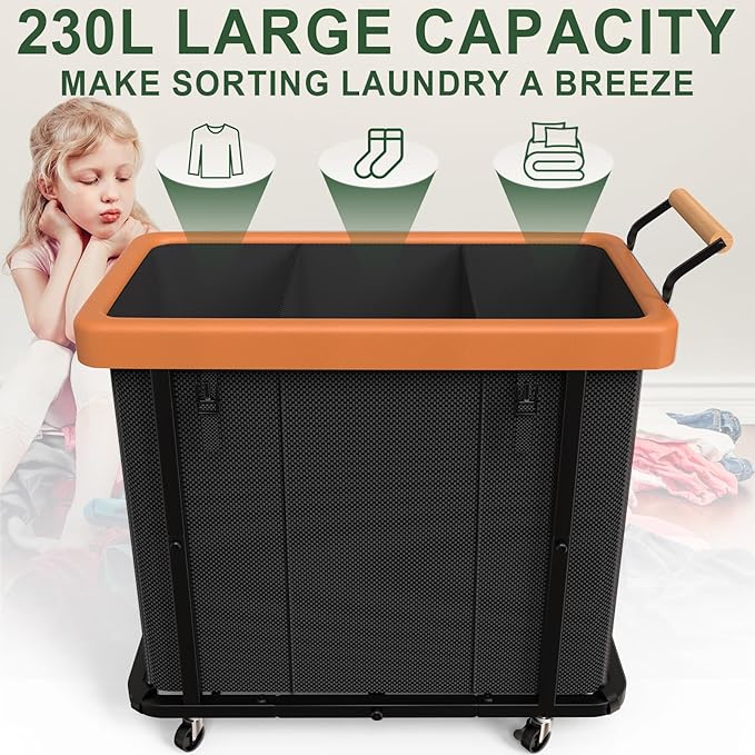 Laundry Hamper 3 Section with Lid,230L Rolling Dirty Clothes Hamper Black | Laundry Basket with Wheels,Laundry Organizer Storage Cart with Sturdy Metal Frame and Wooden Handle for Laundry Room, Hotel
