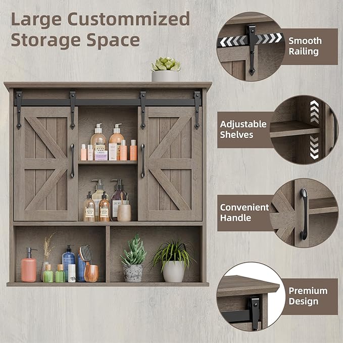 Vabches Bathroom Wall Cabinet, Farmhouse Medicine Cabinet, Washed Oak | Wooden Vintage Storage Cabinet Wall Mounted with Double Sliding Barn Door and Adjustable Shelf for Bathroom, Kitchen