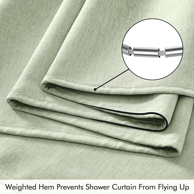 ANRODUO Sage Green Extra Long Linen Fabric Shower Curtain Set - W72xL108 | Farmhouse Shower Curtain with 12 Metal Hooks, Waterproof Heavy Duty, Button Hole Design, Machine Washable for Bathroom