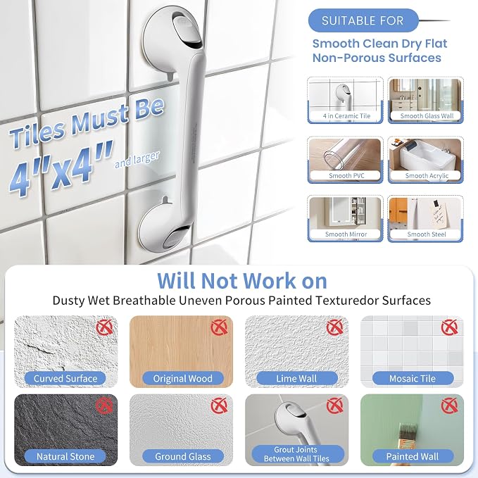 2 Pack 12 Inch Grab Bars for Bathtubs and Showers for Seniors, Heavy Duty Shower Handle for Elderly, Suction Cup Removable Handrails Handicap Bath Grip Bathroom Upgrade Safety Grips (White)