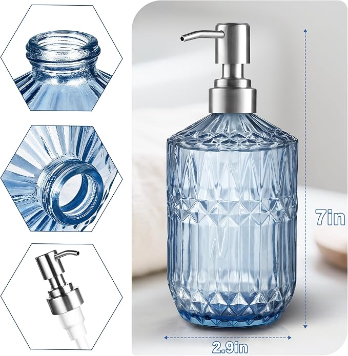 Kaishun 13OZ Refillable Glass Soap Dispenser for Hand Soap & Lotion, Blue