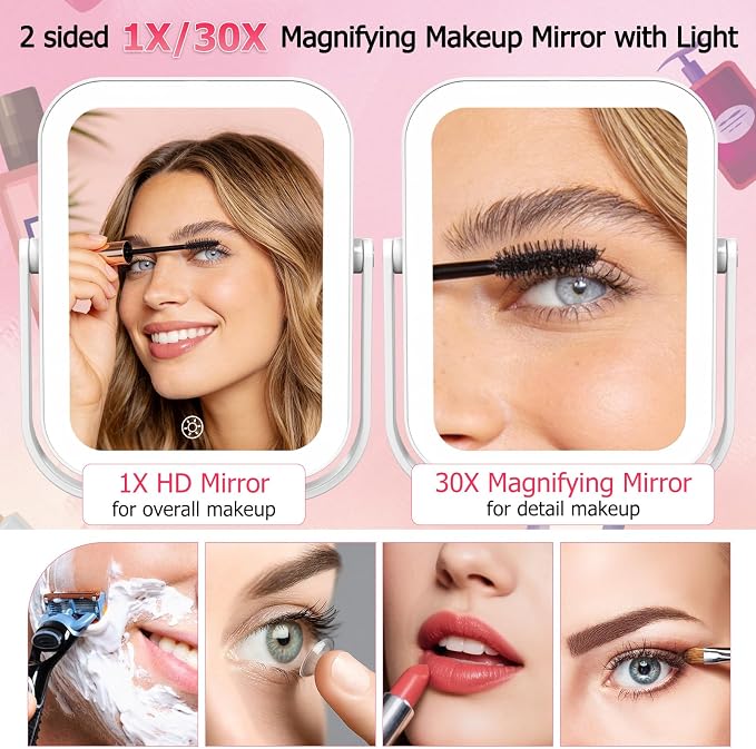 FUNTOUCH 3000mAh Rechargeable Travel Magnifying Mirror with Light,White | 2-Sided 30X Magnifying travel makeup mirror with 3-Color Lighting, Dimmable Touch Screen,Compact Vanity Mirror for Women Gift