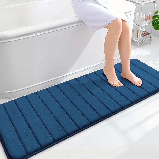 OLANLY Memory Foam Long Bathroom Rugs Runner 59x20, Super Soft Absorbent | Navy Blue, Quick Dry Bath Mat, Machine Washable Shower Floor Rugs, Bathmat Carpet for Bathroom Floor, Tub and Shower