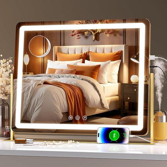 Hasipu Vanity Mirror with Lights 24" x18” -Makeup Mirror with Lights and 5X Magnification, Phone Holder, USB Charging & Smart Touch 3-Color Lighting (Gold)
