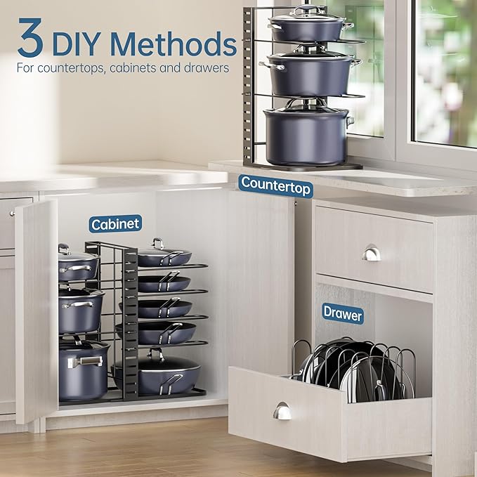 Pots and Pans Organizer Under Cabinet 14.6", 8-Tier Adjustable Rack | 3 DIY Modes, Tool-Free Assembly, Fits 6–11" Lightweight Cookware, For Kitchen Cabinets, Shelves & Countertops Pot Organizer