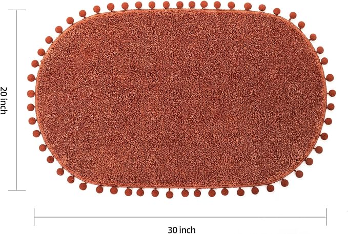 YIRDDEO Oval Rug for Bathroom, Cute Boho Bath Mat with Pom, Terracotta | Soft Plush, Absorbent, Quick Dry, Machine Washable, Non Slip Bath Mat for Bathroom Shower Floor Home Decor