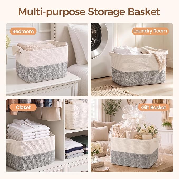 OIAHOMY Cotton Rope Storage Basket, Rectangular Woven Bin with Handles, Small Shelf Bins for Toys Towels Clothes, 13.4x11x9.5 Inches, White and Grey