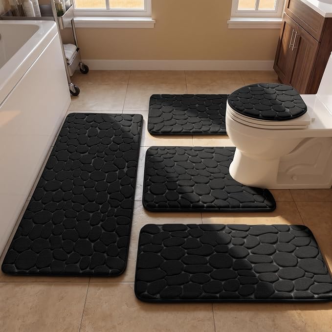 Bathroom Rugs Mat Set, Memory Foam Bath Mat 5 Piece Black | Non Slip, Water Absorbent, Washable, Bath Mat For Bathroom, Sink and Toilet